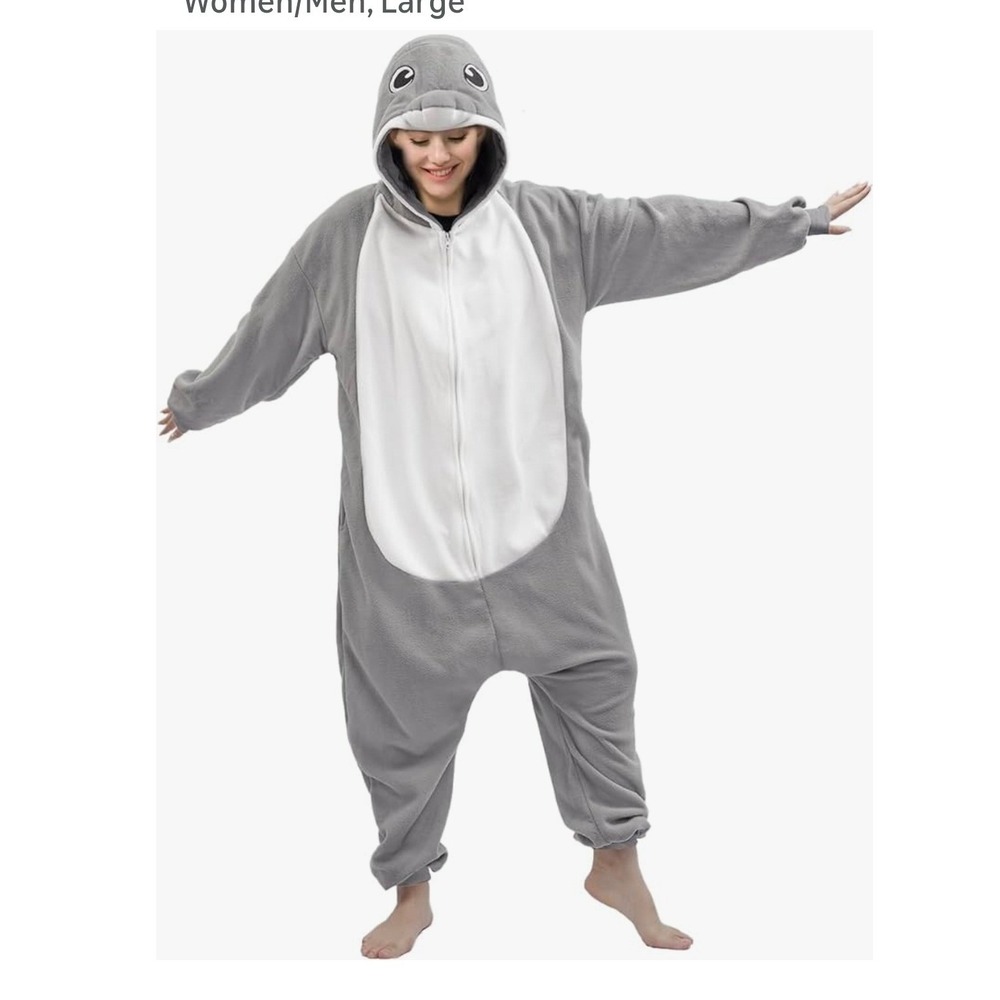 Vavalad Dolphin Onesie Pajamas Adult Small Grey Animal Cosplay Costume Zip Up